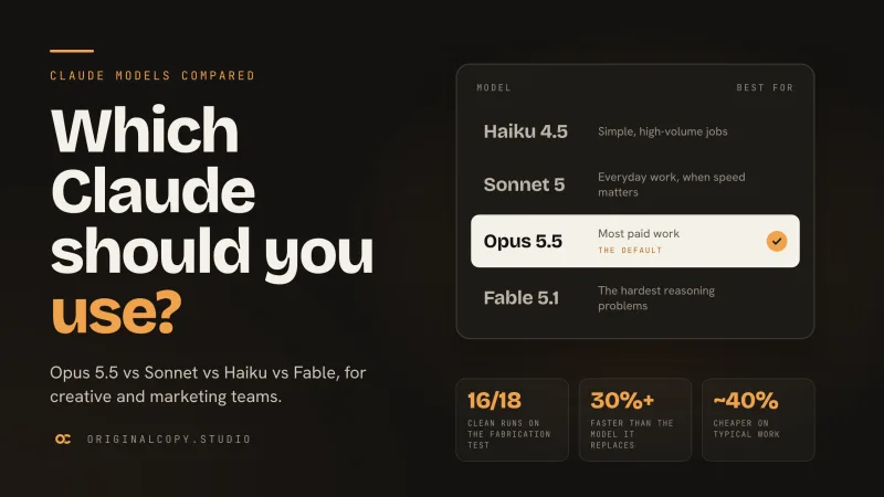 A Claude model menu listing Haiku 4.5, Sonnet 5, Opus 5.5 and Fable 5.1, with Opus 5.5 ticked as the default, beside the headline Which Claude should you use?