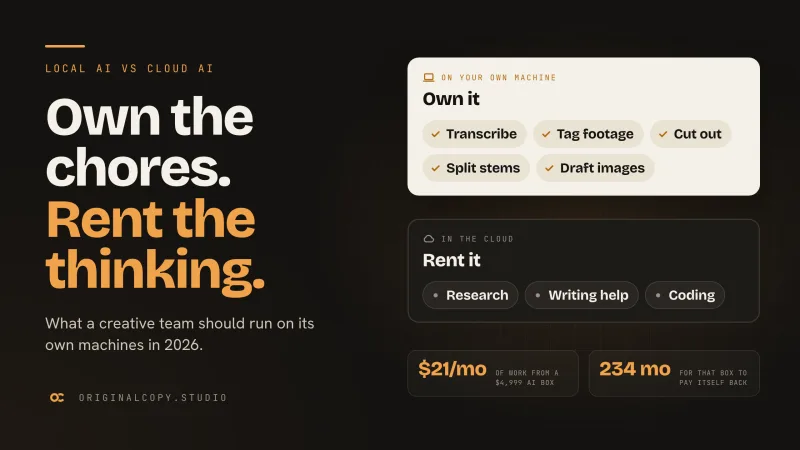 Two panels: jobs to own on your machine (transcribe, tag footage, cut out, split stems, draft images) and jobs to rent in the cloud (research, writing help, coding), beside the headline Own the chores. Rent the thinking.