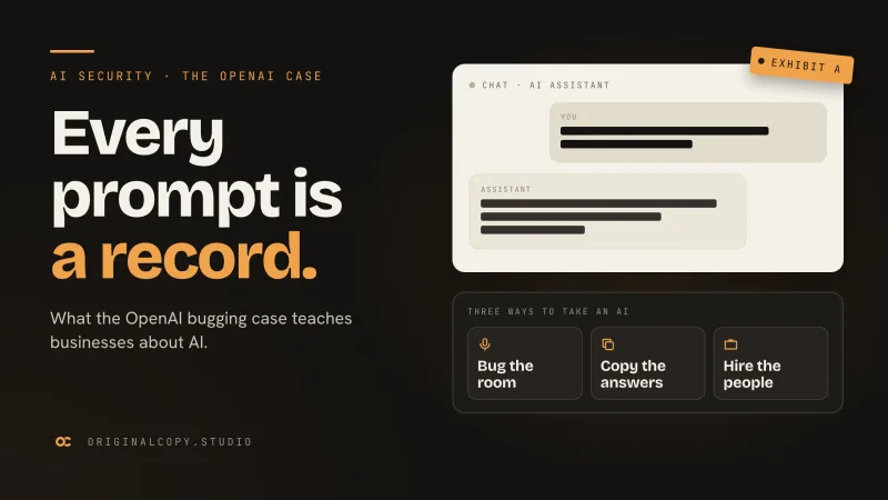 A chat window with its text redacted and an Exhibit A tag, above three cards reading Bug the room, Copy the answers and Hire the people, beside the headline Every prompt is a record.